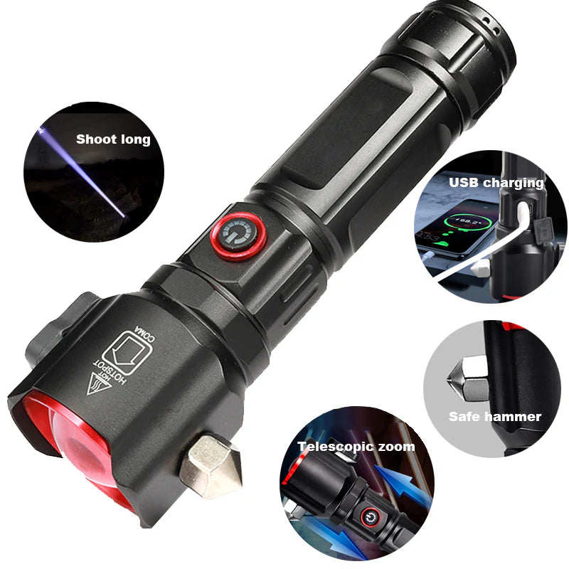 Multi-Functional High Power LED Flashlight with Safety Hammer – 1KM Range
